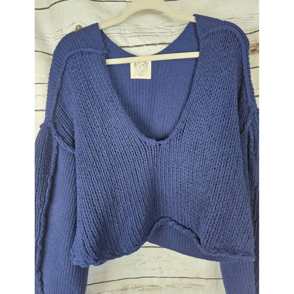 We the Free Sea Bright Sweater Pullover L Cropped Blue Balloon Sleeves Chunky